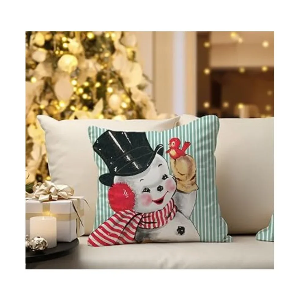Christmas Pillow Cover Case Green Snowman Decoration Accent Holiday Xmas Decor
